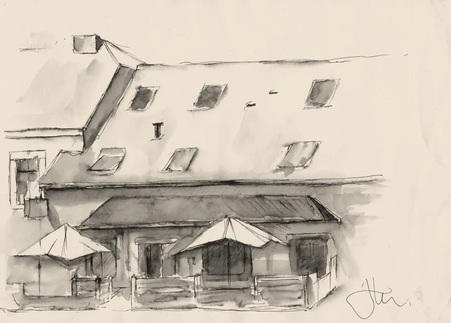 Aquarelle représentant la taverne Le Rustique située au centre du village de Nisramont, en Ardenne belge, à proximité du musée de la Blanche Maison. Taverne Le Rustique située à Nisramont, en Ardenne belge, à proximité de la Blanche Maison.