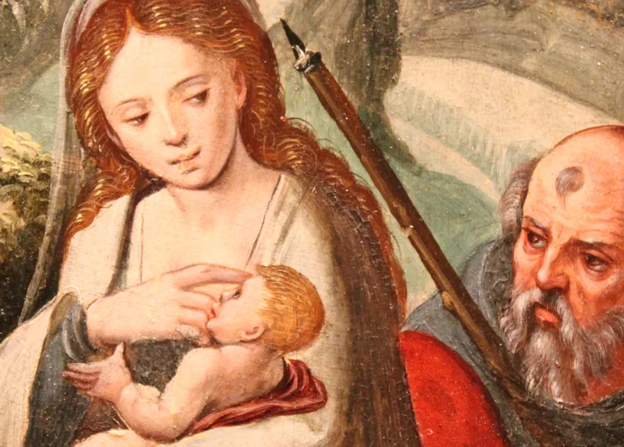 Détail d'un volet de retable anversois représentant la fuite en Égypte de la Sainte Famille, provenant d’une collection privée à Bruxelles, datant du début du XVIe siècle. Ⓒ 2025 CC BY-NC 4.0 Didier Misson