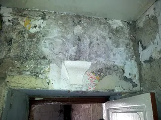 Le bouquet en stuc situé au-dessus de la porte de la chambre derrière le feu, avec sa console destinée à une statuette religieuse, était recouvert de multiples couches de badigeon Ⓒ 2025 CC BY-NC 4.0 Gilles Pirlot de Corbion