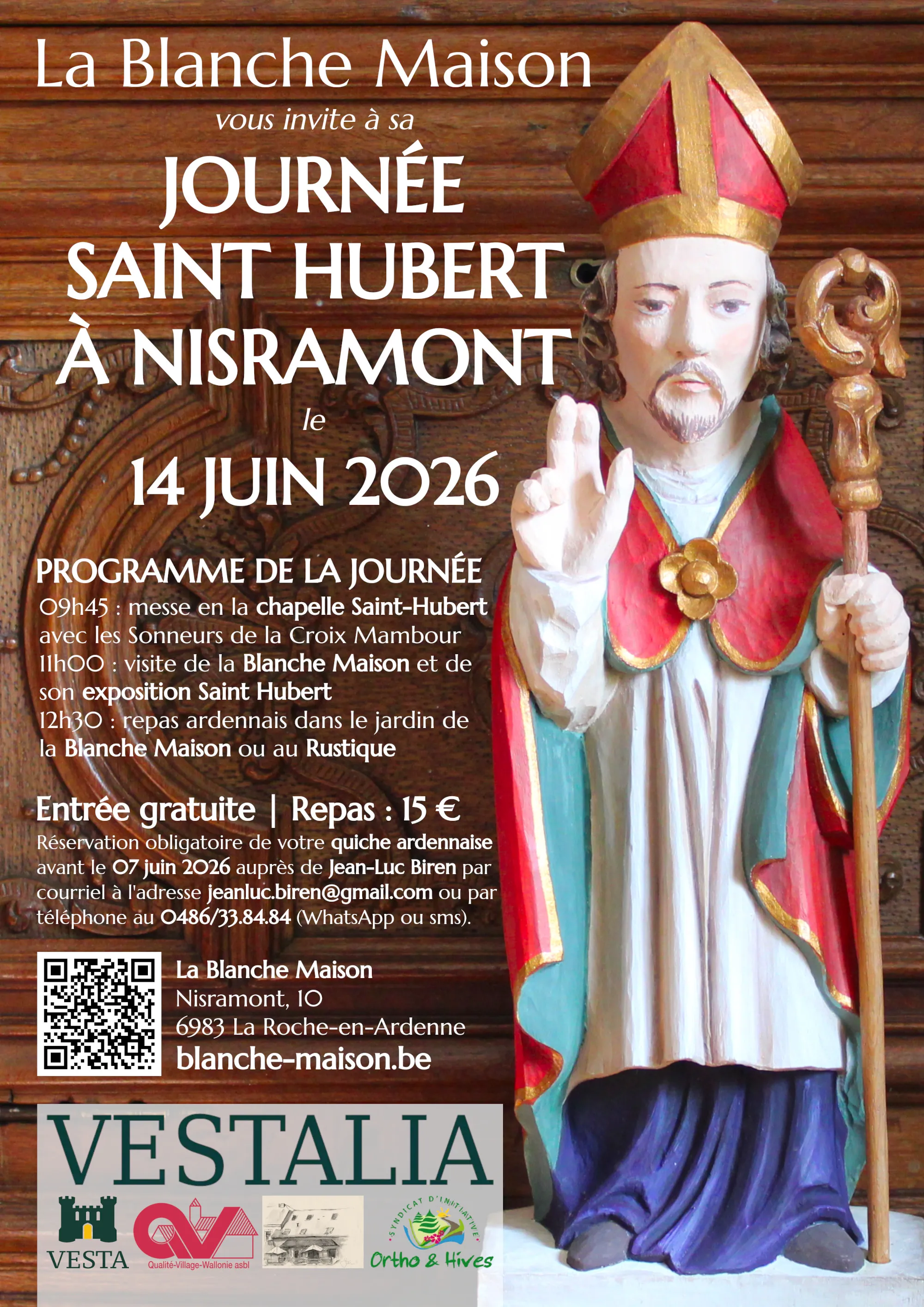 Affiche de l'exposition dédiée à Saint Hubert le 14 juin 2026 à la Blanche Maison à Nisramont
