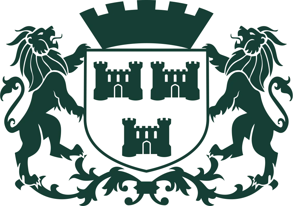 Le logo officiel de l'Association Royale des Demeures Historiques et Jardins de Belgique est formé par trois tours crénelées dans un écu sommé d'une couronne, avec deux lions et des rinceaux.