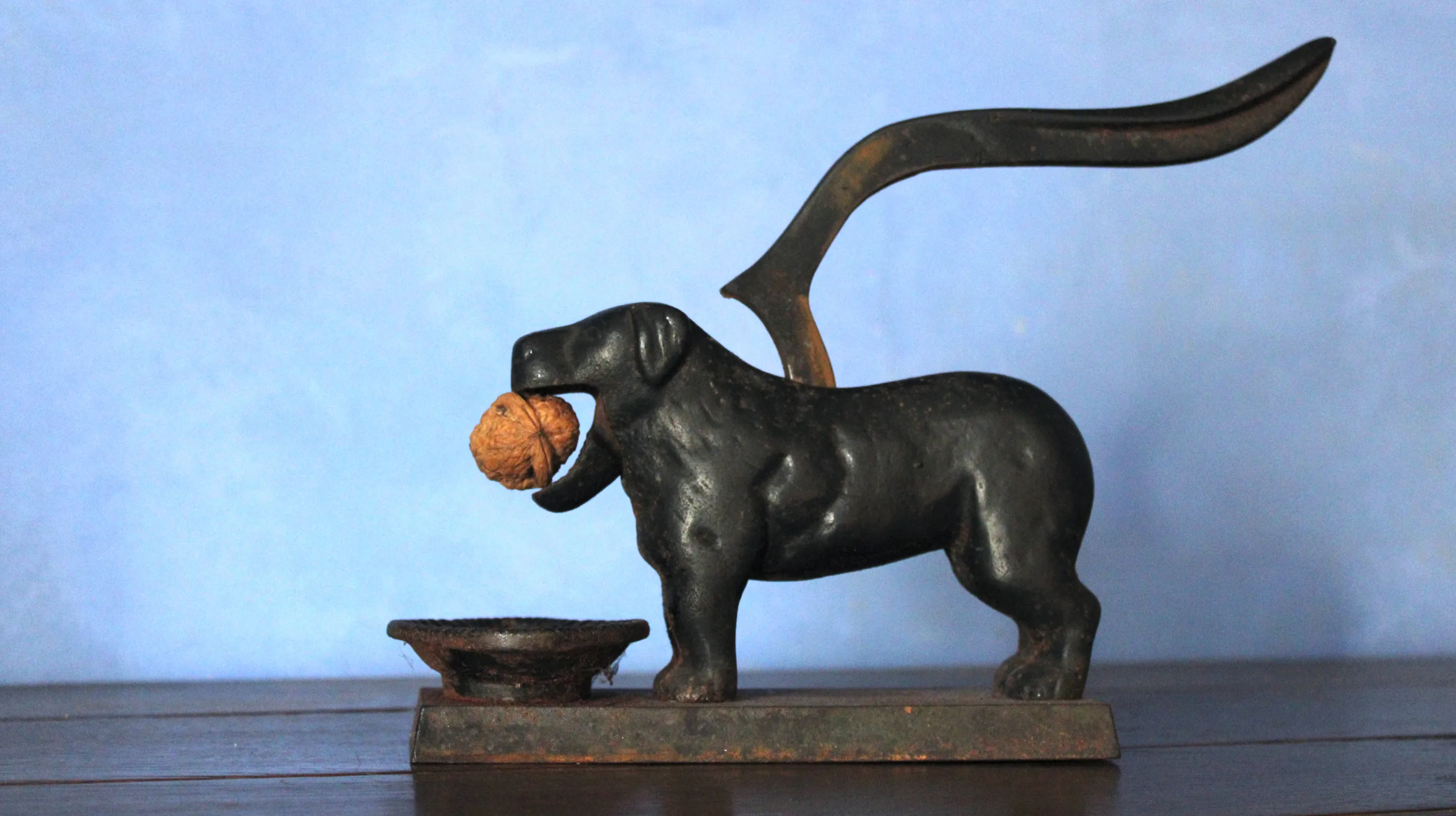 Casse-noix en fonte de fer moulée de style Édouardien en forme de dogue, issu d’une fonderie d'art britannique, dont la queue sert de levier pour actionner une mâchoire articulée destinée à briser les noix, reposant sur une base rectangulaire fixe également en fonte à laquelle est intégrée une coupelle solidaire conçue pour recueillir les éclats de coque afin de préserver la netteté des tables bourgeoises. Ⓒ 2026 CC BY-NC 4.0 Gilles Pirlot de Corbion